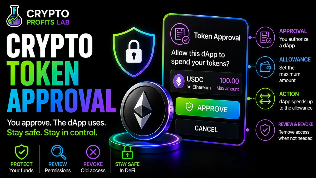 Crypto token approval screen showing a dApp spending request, token allowance, approval button, and review and revoke safety steps.