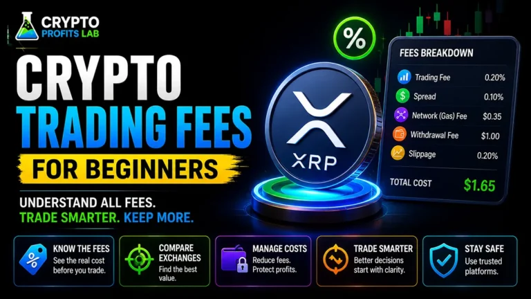 Crypto Trading Fees for Beginners featured image showing an XRP token, fee breakdown panel, trading fee, spread, network fee, withdrawal fee, and slippage reminders.
