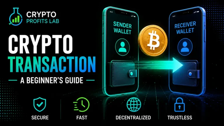Crypto transaction illustration showing Bitcoin moving securely from a sender wallet to a receiver wallet through a digital blockchain transfer.