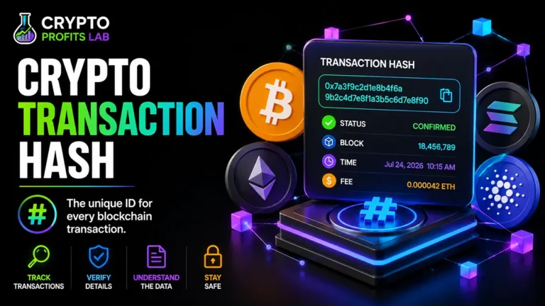 Crypto transaction hash displayed with confirmed status, block number, network fee, and blockchain icons for tracking a transfer.