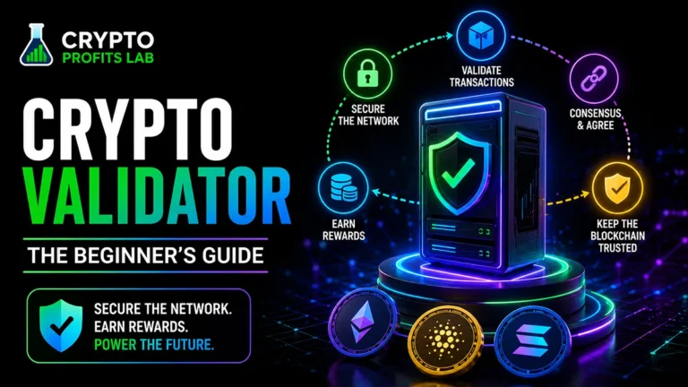 Crypto validator illustration showing a secure validator server checking transactions, reaching consensus, protecting the blockchain, and earning rewards.