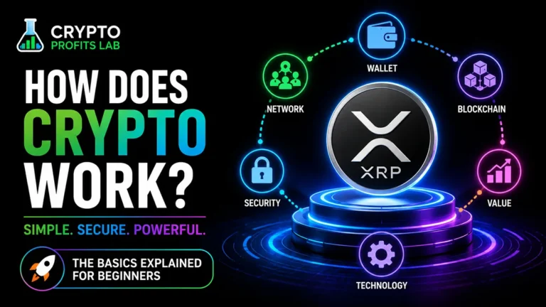 How does crypto work illustration featuring an XRP token with wallet, blockchain, network, security, value, and technology icons.