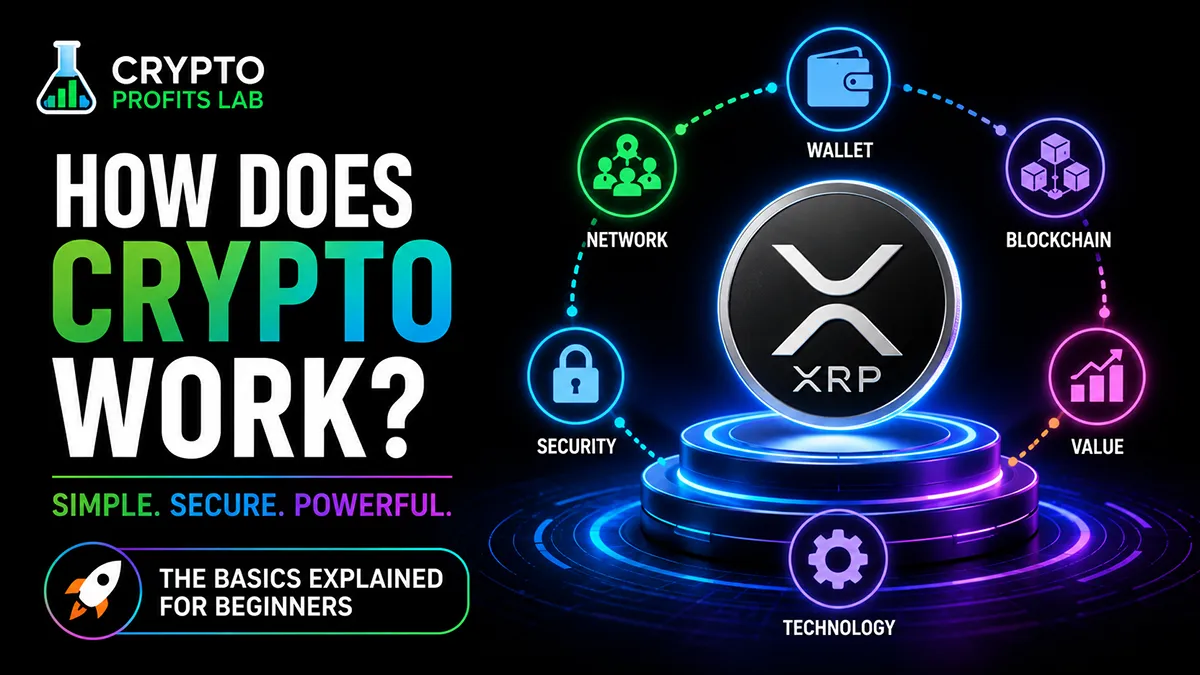 How does crypto work illustration featuring an XRP token with wallet, blockchain, network, security, value, and technology icons.