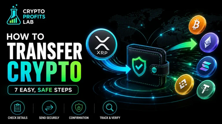 How to transfer crypto safely using a secure wallet, shown with XRP, Bitcoin, Ethereum, Solana, BNB, and Tether tokens.