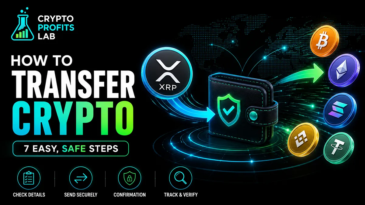 How to transfer crypto safely using a secure wallet, shown with XRP, Bitcoin, Ethereum, Solana, BNB, and Tether tokens.