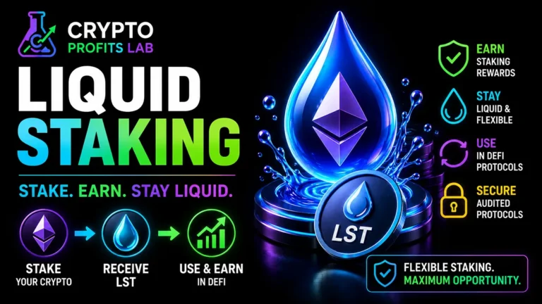 Liquid staking illustration showing Ethereum being staked, an LST received, and the token used to earn rewards in DeFi.