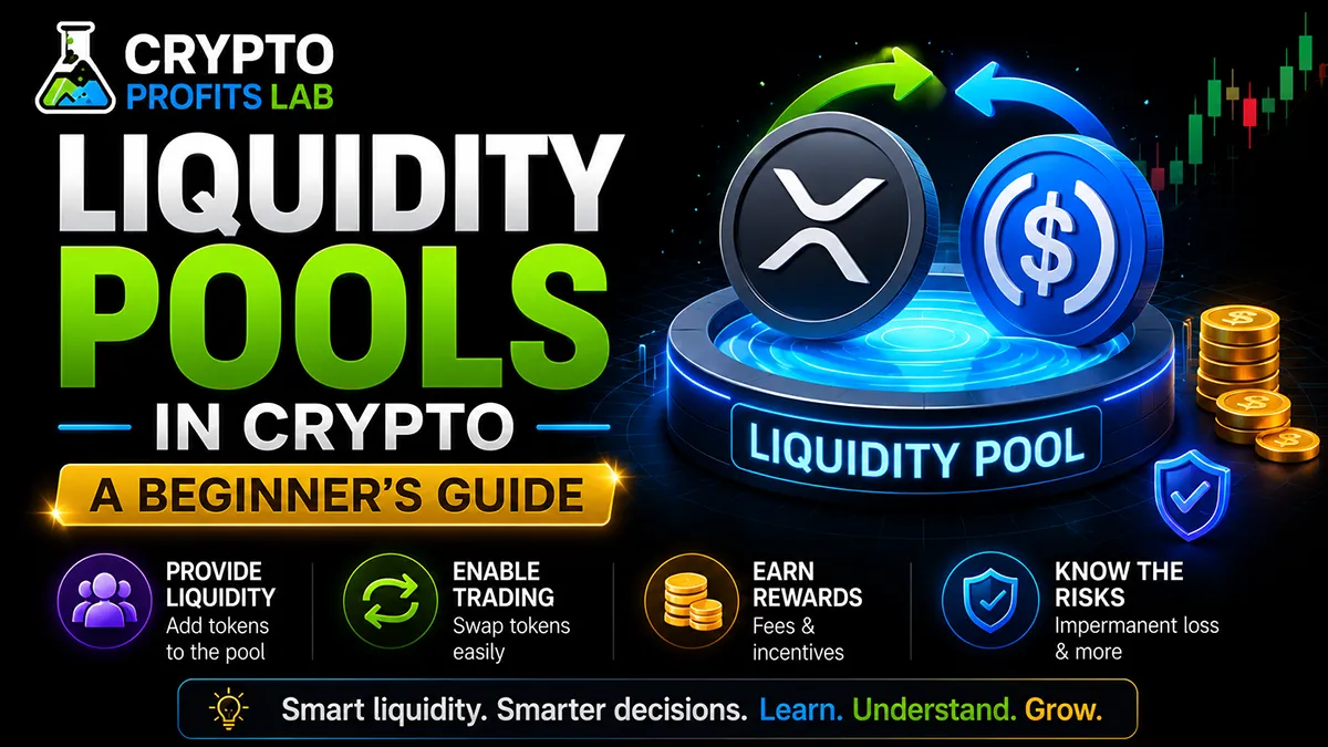 Liquidity Pools in Crypto featured image showing XRP and stablecoin tokens inside a glowing liquidity pool with beginner-friendly icons for providing liquidity, enabling trading, earning rewards, and understanding risks.
