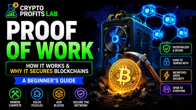 Proof of work illustration showing Bitcoin mining equipment, miners solving puzzles, adding blocks, and securing the blockchain network.