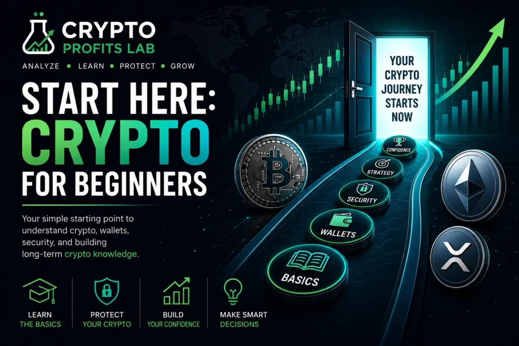 Start Here Crypto for Beginners image showing a beginner learning path with Bitcoin, Ethereum, XRP, wallet security, crypto basics, strategy, and confidence-building steps.