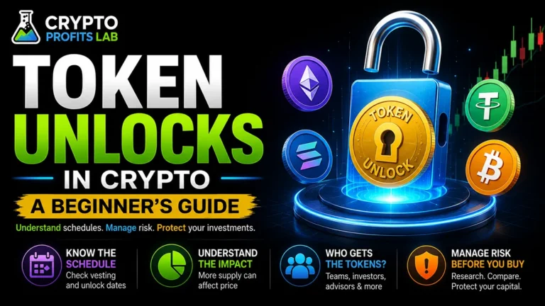 Token Unlocks in Crypto featured image showing an unlocked token, crypto coins, vesting schedule reminder, supply impact warning, and beginner risk management tips.