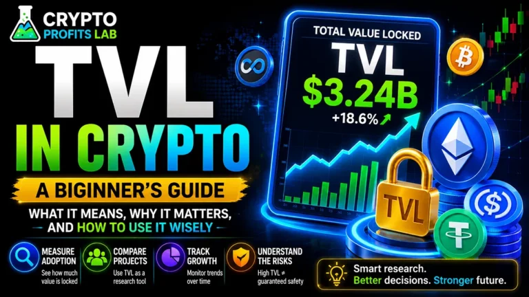 TVL in Crypto featured image showing total value locked on a DeFi dashboard with crypto coins, growth chart, lock icon, and beginner research reminders.