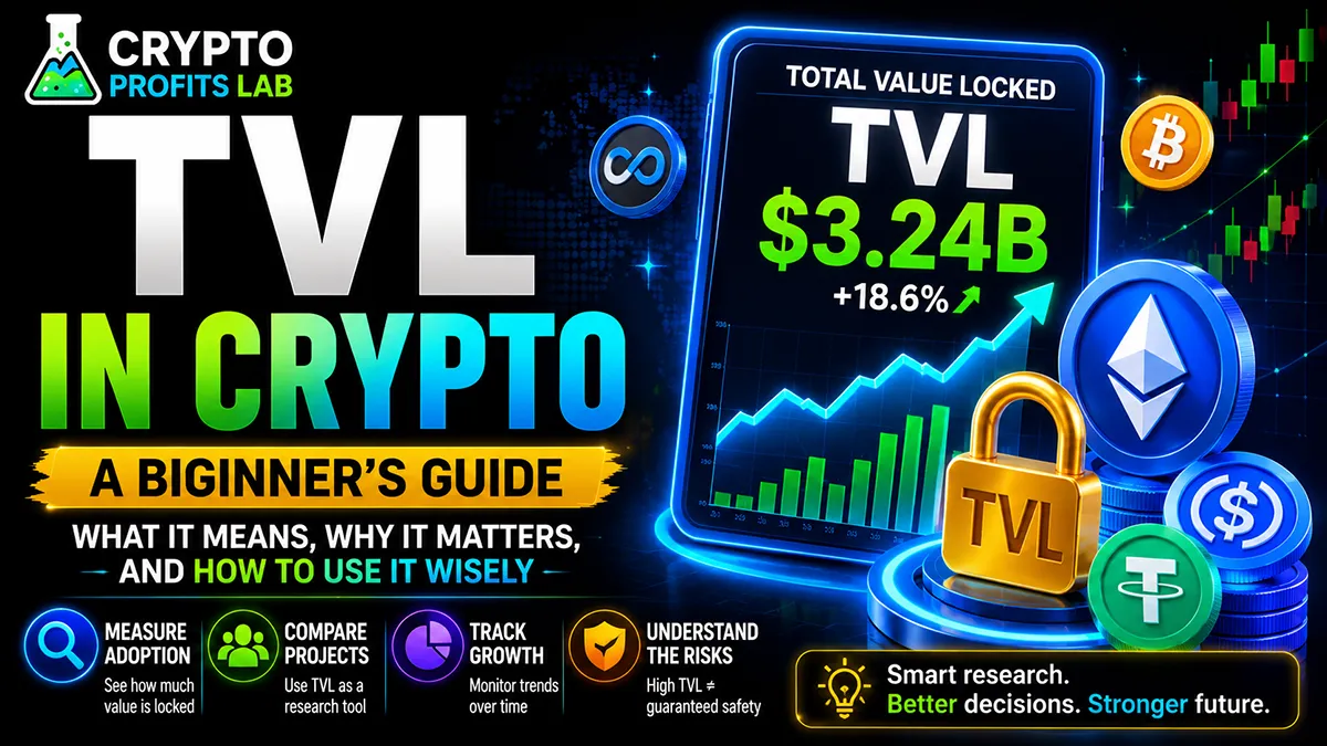 TVL in Crypto featured image showing total value locked on a DeFi dashboard with crypto coins, growth chart, lock icon, and beginner research reminders.