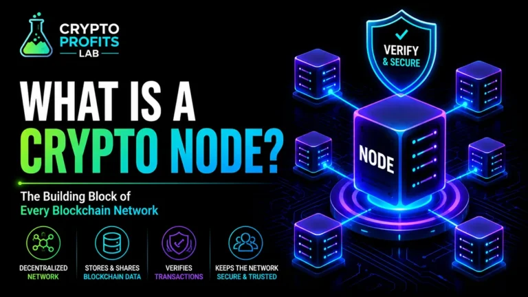 Beginner-friendly image explaining what is a crypto node, showing connected server nodes that store blockchain data, verify transactions, and support a decentralized network.