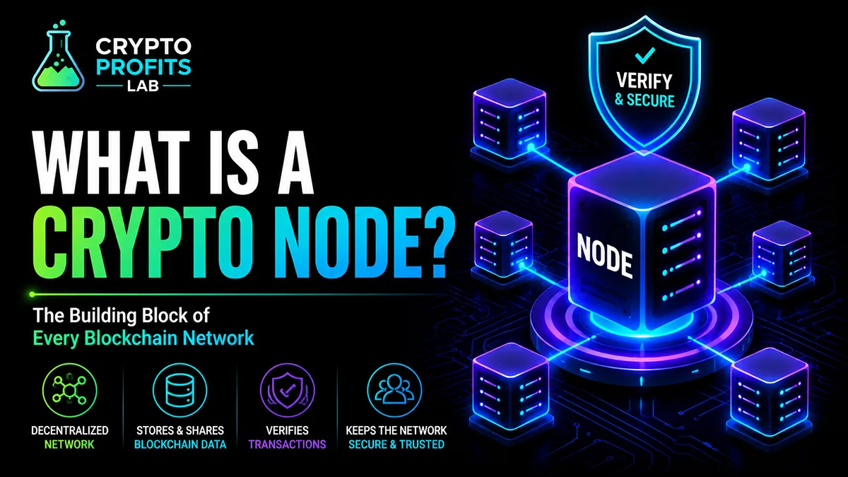 Beginner-friendly image explaining what is a crypto node, showing connected server nodes that store blockchain data, verify transactions, and support a decentralized network.
