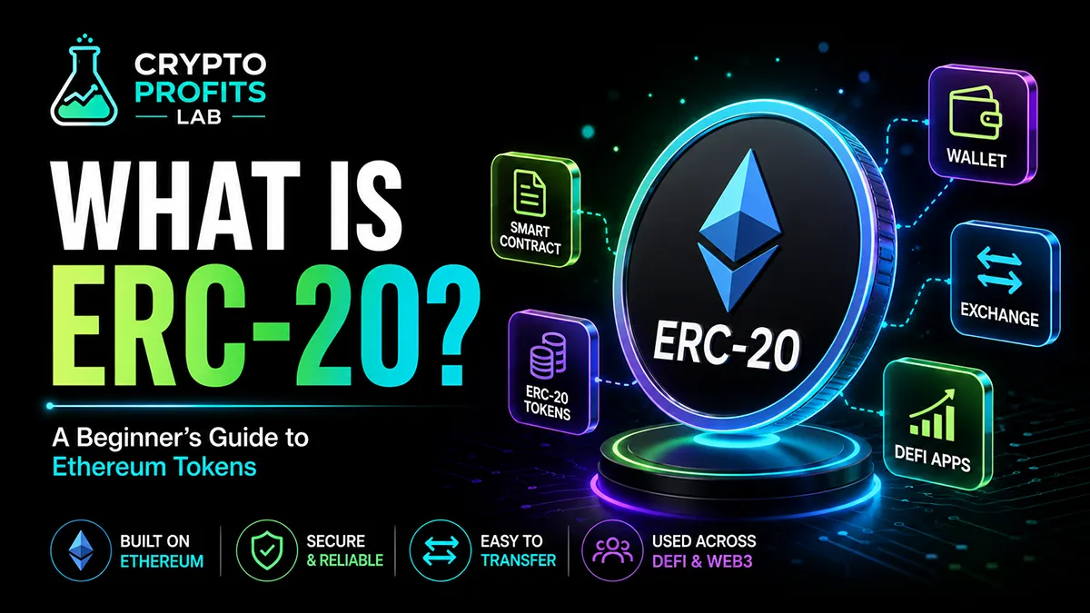 Beginner-friendly image explaining what is ERC-20, showing Ethereum token visuals, wallet compatibility, transfers, and DeFi app use.