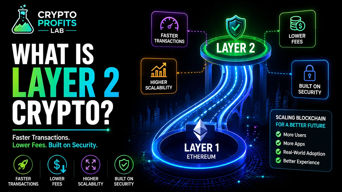 Beginner-friendly image explaining what is Layer 2 crypto, showing Layer 2 scaling above Ethereum with faster transactions, lower fees, and built-on-security visuals.
