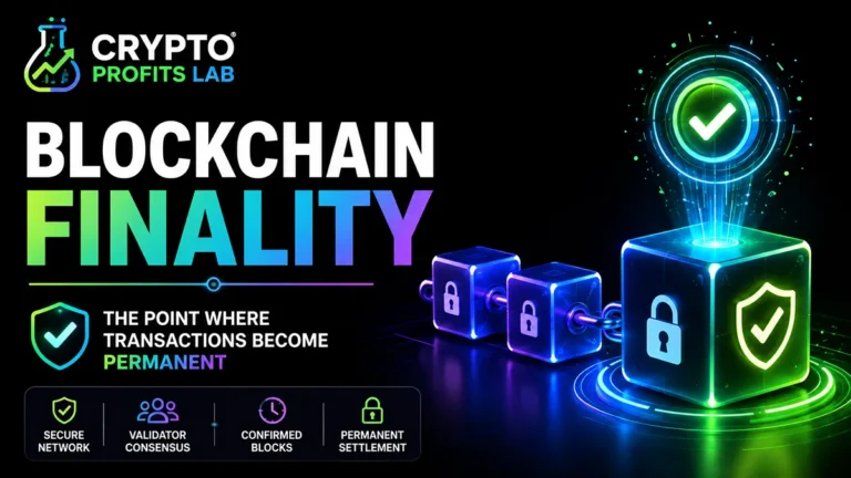 Blockchain finality illustration showing linked secure blocks, validator consensus, confirmed blocks, and permanent transaction settlement.
