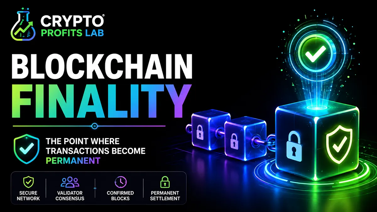Blockchain finality illustration showing linked secure blocks, validator consensus, confirmed blocks, and permanent transaction settlement.