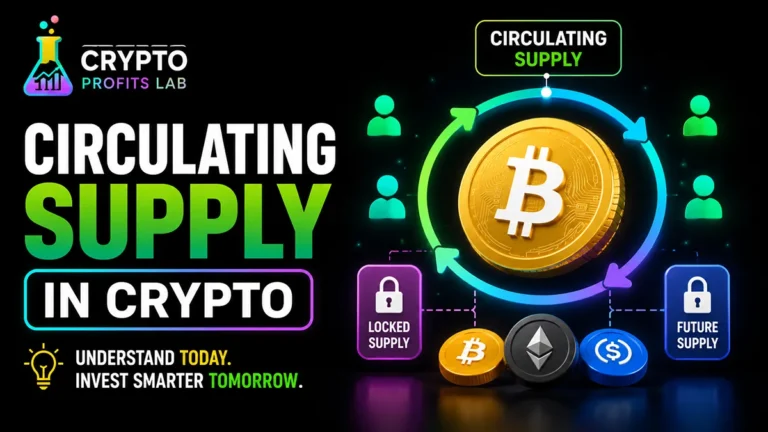 Circulating supply in crypto illustrated with circulating tokens, locked supply, and future supply around a cryptocurrency coin.