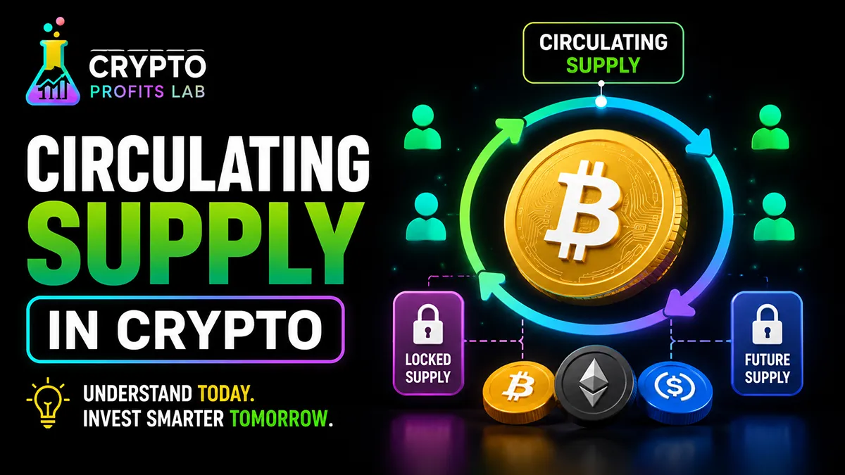 Circulating supply in crypto illustrated with circulating tokens, locked supply, and future supply around a cryptocurrency coin.