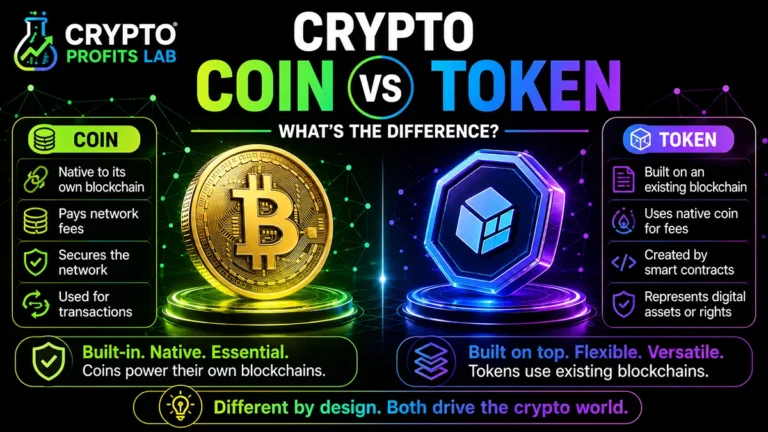 Crypto coin vs token comparison showing a native blockchain coin beside a token built on an existing blockchain.