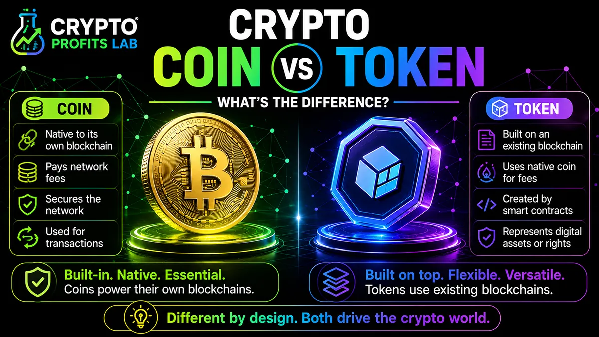 Crypto coin vs token comparison showing a native blockchain coin beside a token built on an existing blockchain.
