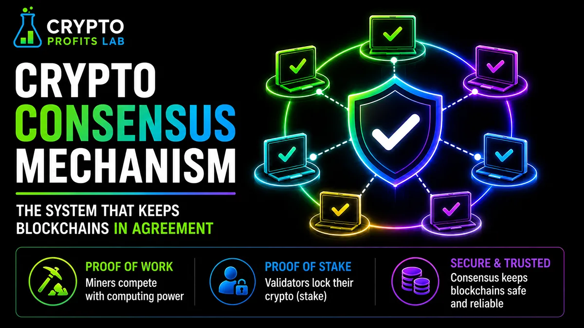 Crypto consensus mechanism illustration showing blockchain nodes reaching agreement through proof of work and proof of stake.