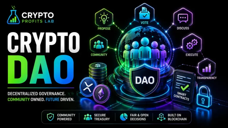 Crypto DAO illustration showing community members using proposals, voting, smart contracts, and a shared blockchain treasury.
