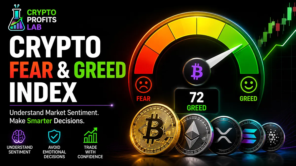 Crypto fear and greed index gauge showing fear and greed levels with major cryptocurrency coins and market sentiment indicators