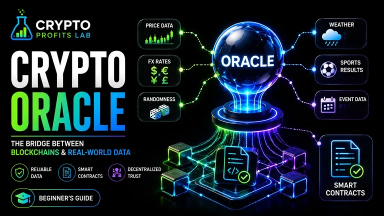 Crypto oracle illustration showing real-world data such as prices, weather, sports results, and events connecting to blockchain smart contracts.