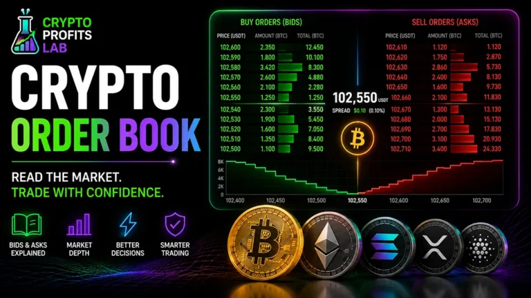Crypto order book showing buy bids, sell asks, market depth, spread, and cryptocurrency trading data for beginners