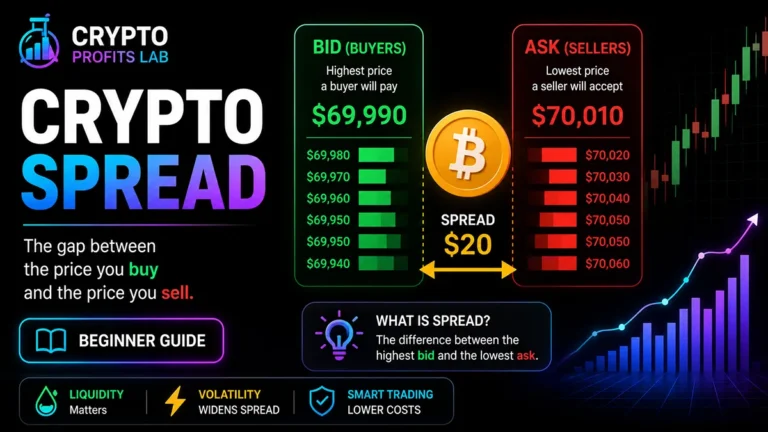 Crypto spread illustration showing the bid and ask price gap in a Bitcoin trading market.