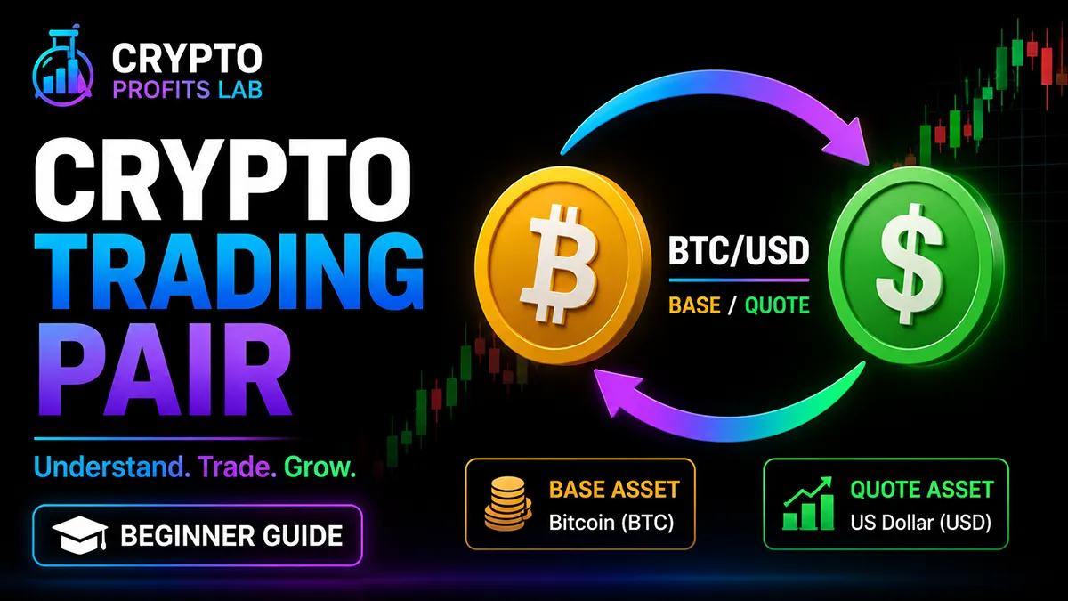 Crypto trading pair illustration showing Bitcoin and the US dollar as base and quote assets in a BTC/USD market.