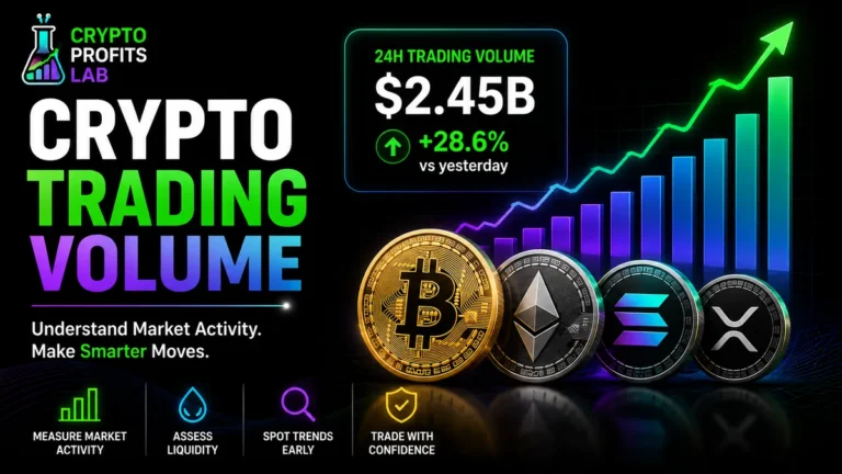 Crypto trading volume graphic showing 24-hour market activity, rising volume bars, trend data, and major cryptocurrency coins