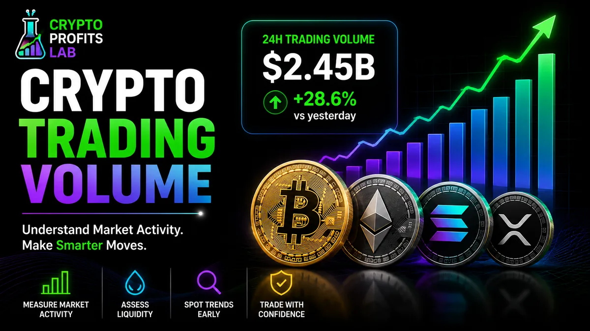 Crypto trading volume graphic showing 24-hour market activity, rising volume bars, trend data, and major cryptocurrency coins