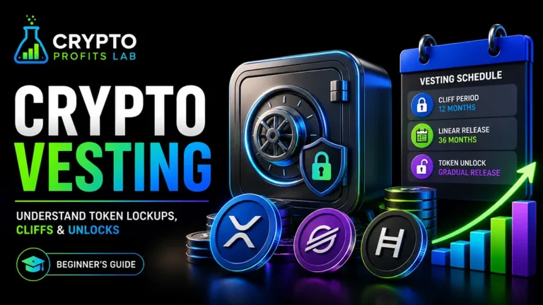 Crypto vesting illustration showing locked digital tokens, a vesting schedule, cliff period, and gradual token releases.