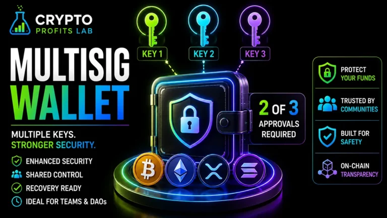 Multisig wallet illustration showing three keys, a 2-of-3 approval system, and protected cryptocurrency funds.