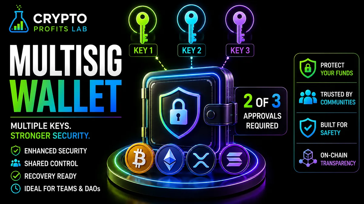 Multisig wallet illustration showing three keys, a 2-of-3 approval system, and protected cryptocurrency funds.
