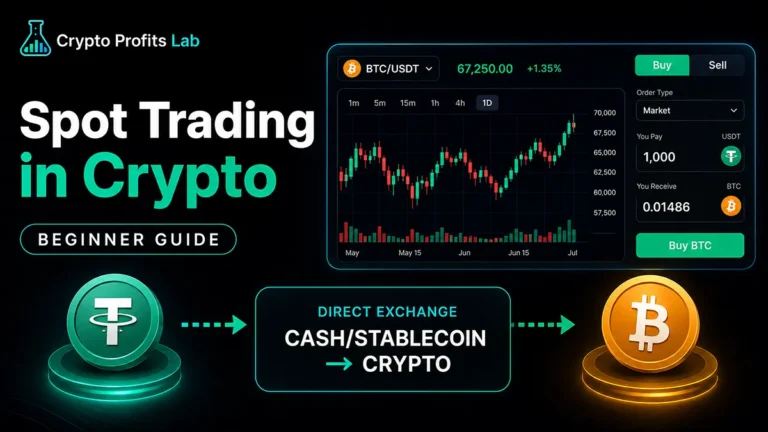 Spot trading in crypto beginner guide showing a BTC/USDT trading interface, candlestick chart, buy order, and direct exchange from stablecoin to Bitcoin.