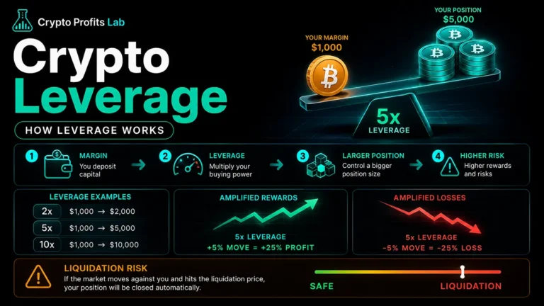 Crypto leverage beginner guide showing how margin can control a larger position, with 5x leverage, amplified gains and losses, and liquidation risk.