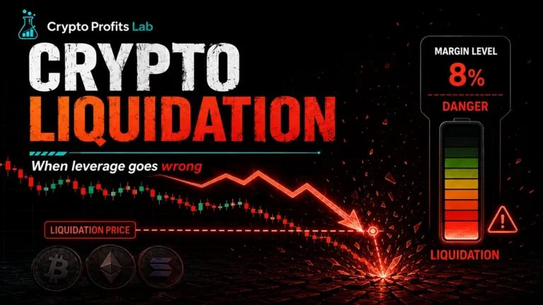 Crypto liquidation illustration showing a falling leveraged trade approaching a liquidation price and low margin level.