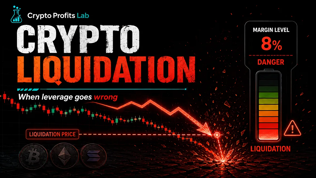 Crypto liquidation illustration showing a falling leveraged trade approaching a liquidation price and low margin level.