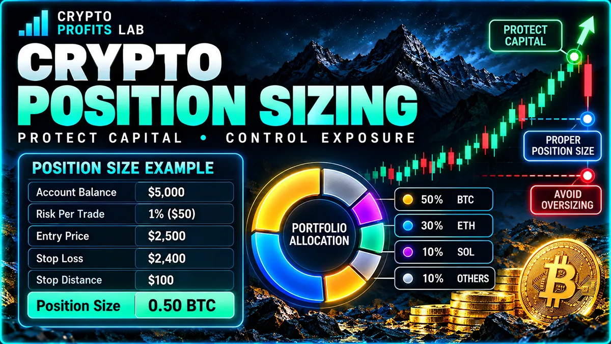 Crypto position sizing infographic showing account risk, stop distance, portfolio allocation, and a properly sized crypto trade.