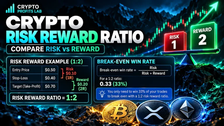 Crypto risk reward ratio infographic showing a 1:2 trade example, break-even win rate formula, and risk versus reward comparison.