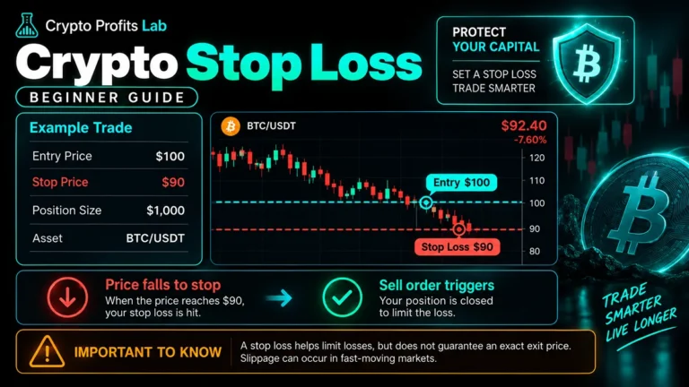 Crypto stop loss beginner guide showing a BTC/USDT trade with a $100 entry price, $90 stop price, falling chart, and triggered sell order.