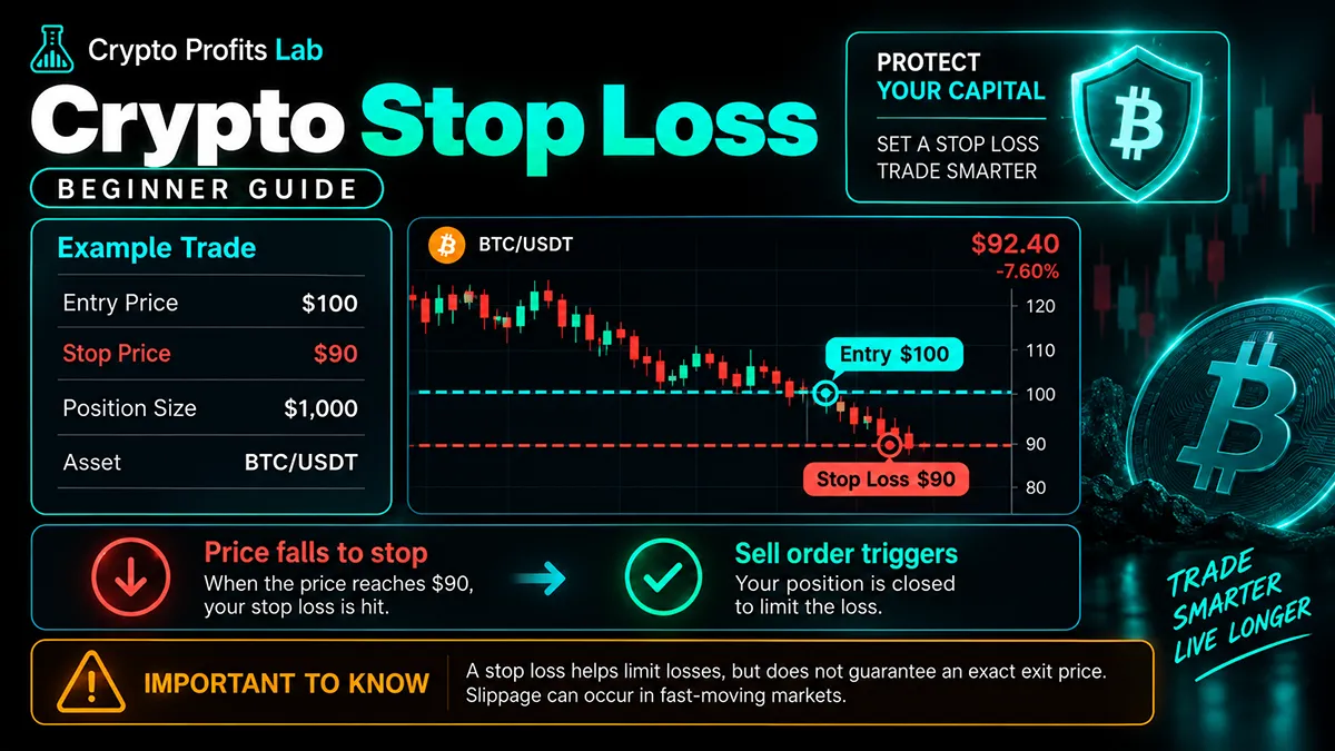 Crypto stop loss beginner guide showing a BTC/USDT trade with a $100 entry price, $90 stop price, falling chart, and triggered sell order.