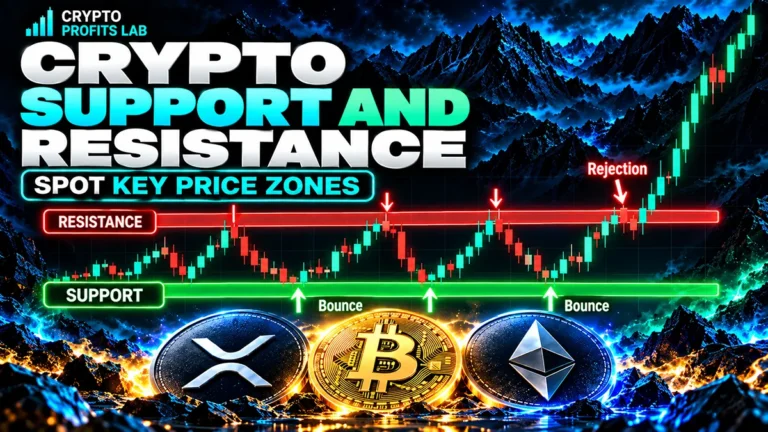 Crypto support and resistance chart showing key price zones, support bounces, resistance rejections, and a breakout above resistance.