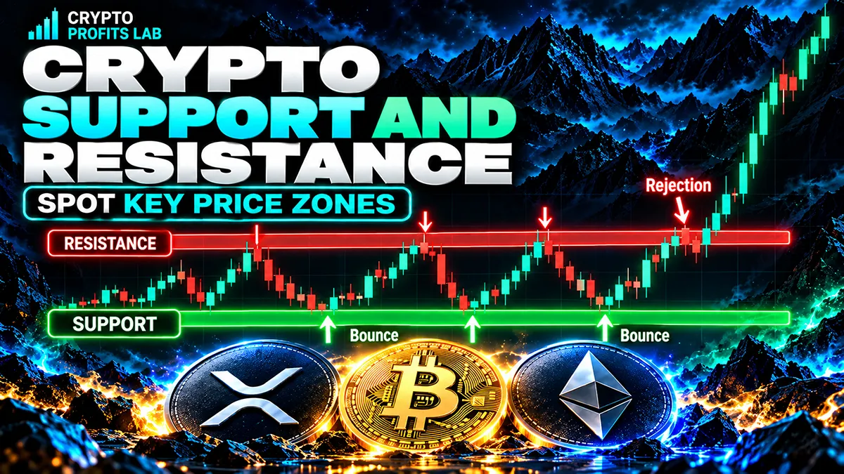 Crypto support and resistance chart showing key price zones, support bounces, resistance rejections, and a breakout above resistance.
