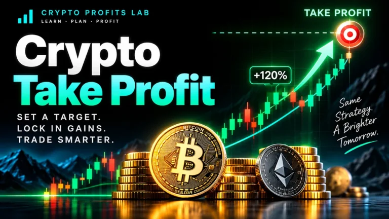 Crypto take profit illustration with a rising price chart, profit target, and crypto coins showing how traders plan to lock in gains.