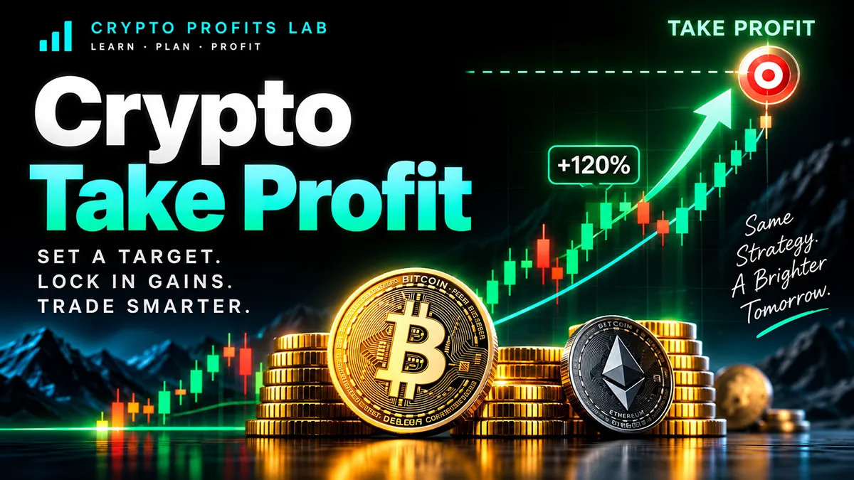 Crypto take profit illustration with a rising price chart, profit target, and crypto coins showing how traders plan to lock in gains.